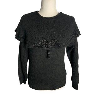 Vintage Work in Progress Silk Angora Sweater M Black Knit Beaded Gladys Bagley
